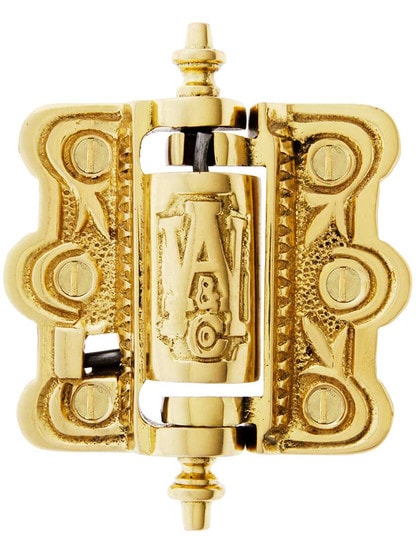 Decorative Cast Brass Screen Door Hinge With Acorn Finials In Polished Brass.